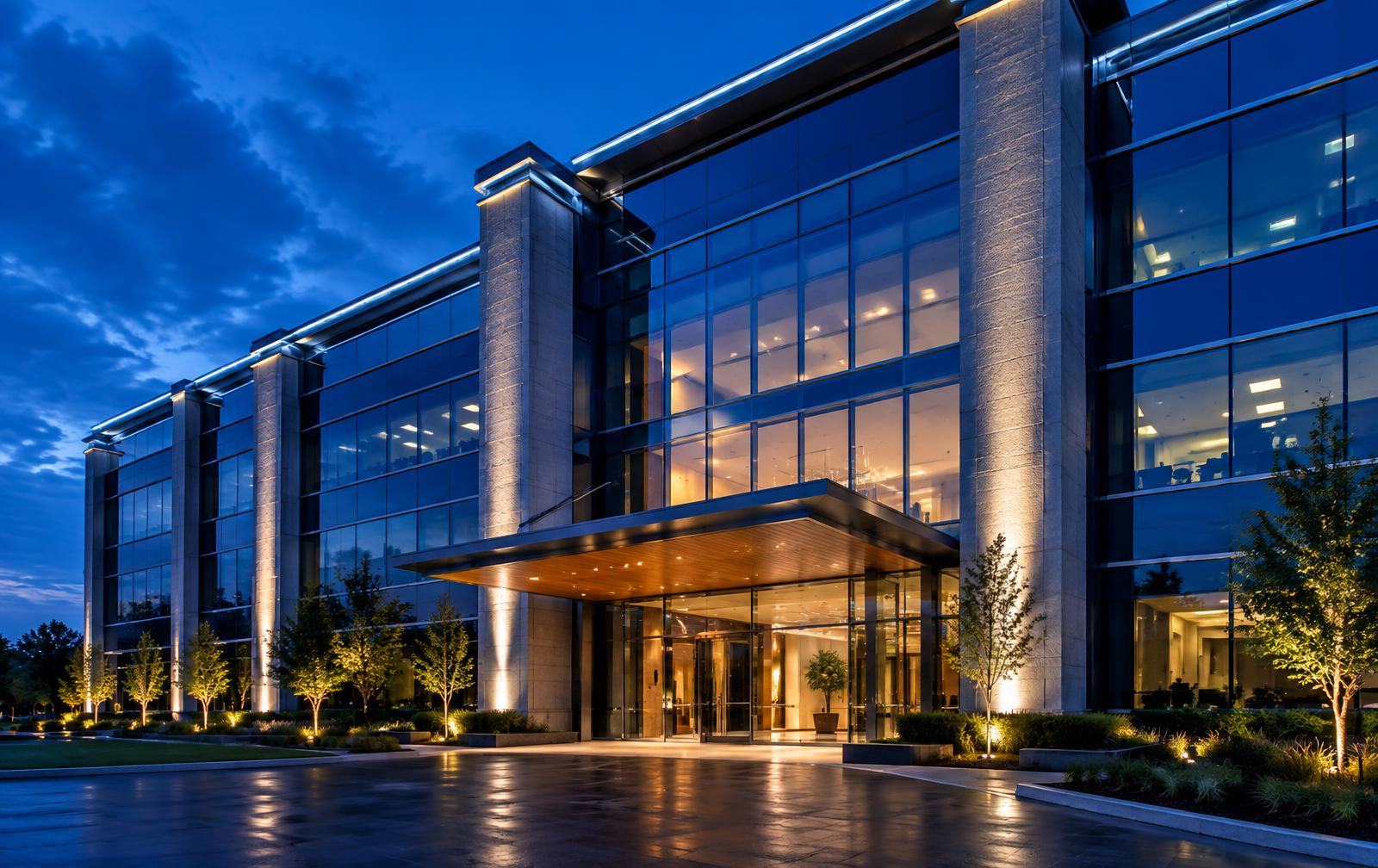 Commercial building façade with architectural LED accent lighting at dusk