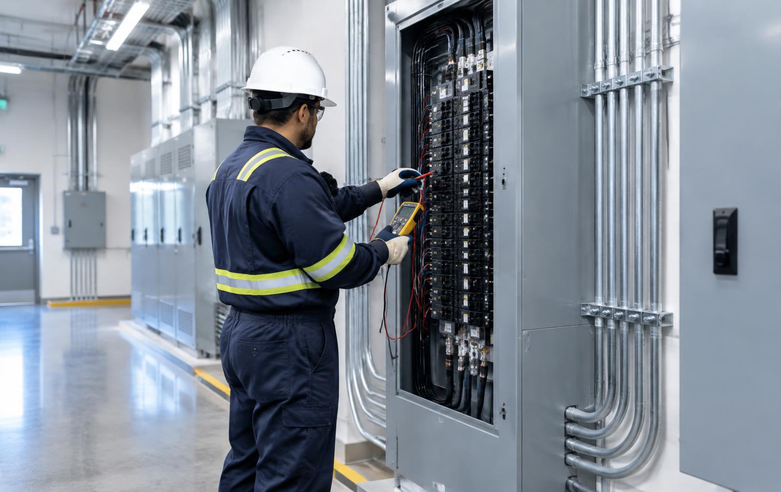 Electrician in PPE testing a commercial electrical distribution panel