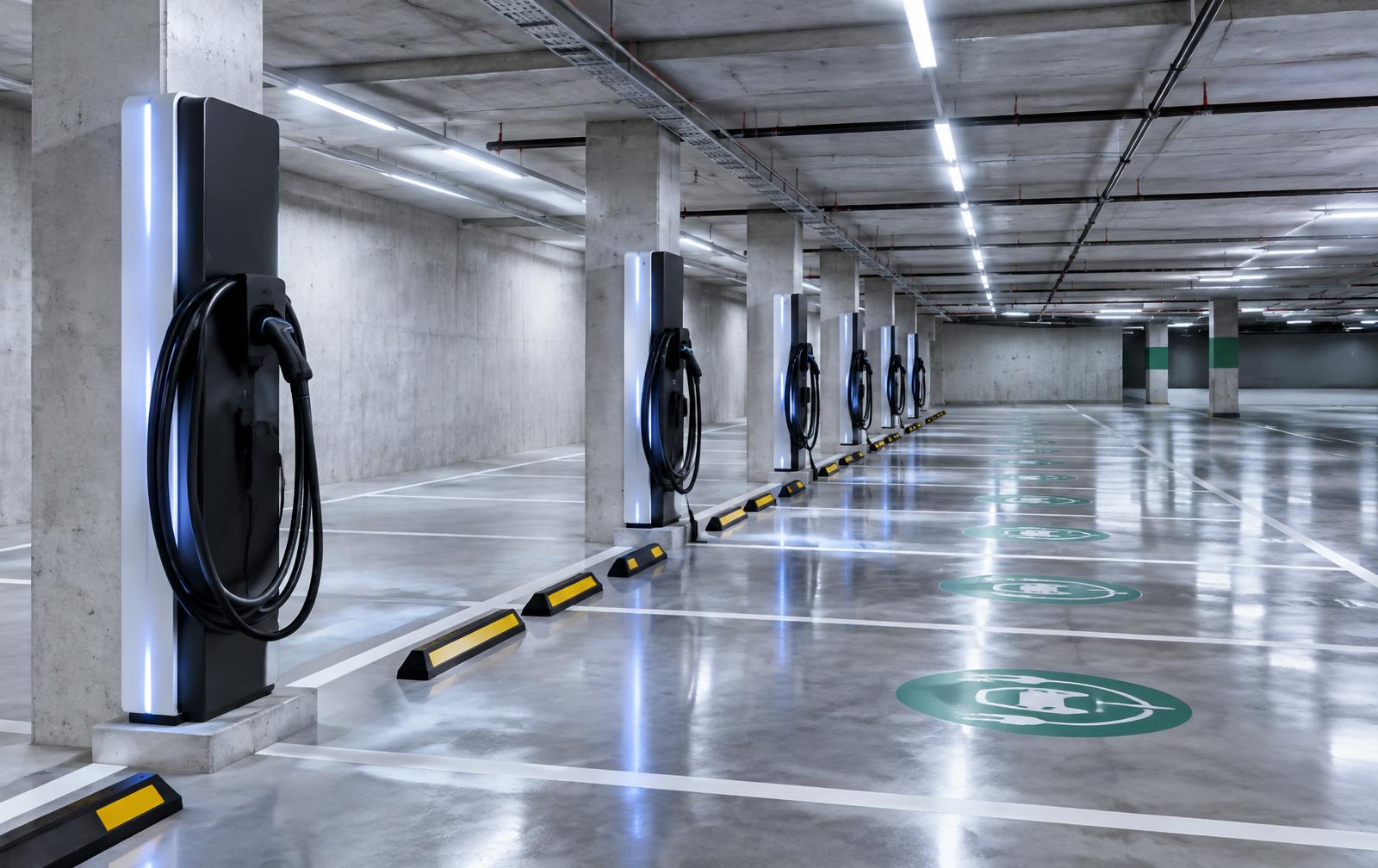 Row of commercial EV charging stations in a clean underground parkade