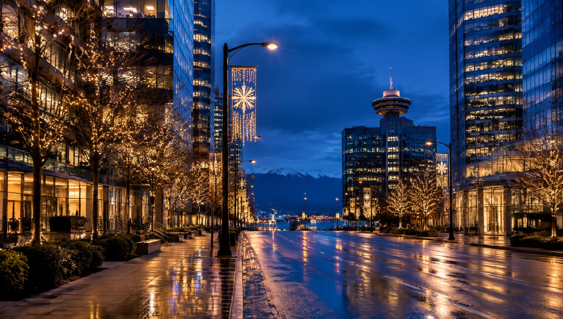 Downtown street at dusk with municipal decorative and seasonal lighting on trees and poles