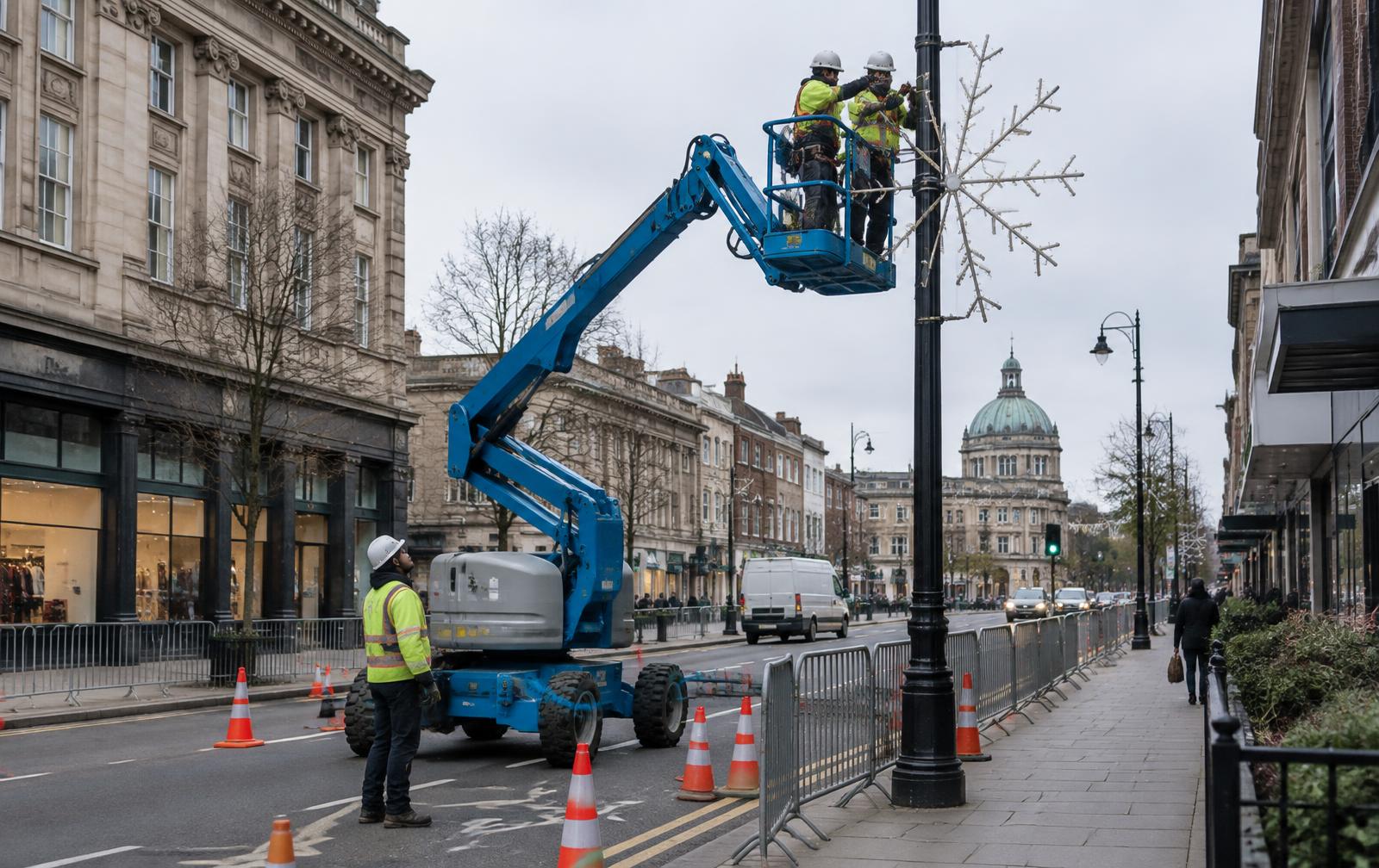 Installation crew operating a boom lift to mount a pole-mounted decorative lighting display on a city street